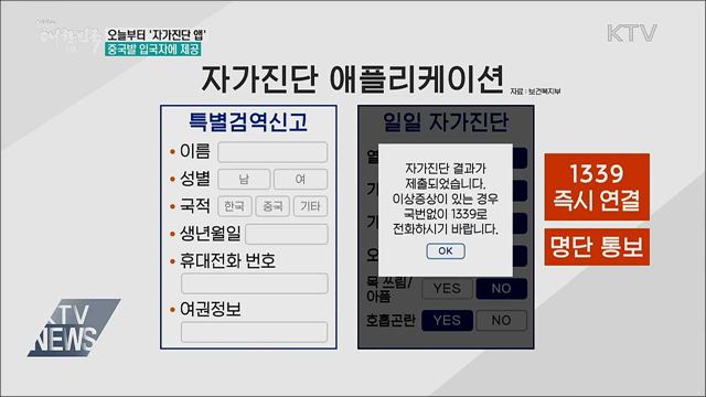 중국발 입국자에 오늘부터 '자가진단 앱' 제공