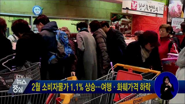 2월 소비자물가 1.1% 상승···여행·화훼가격 하락