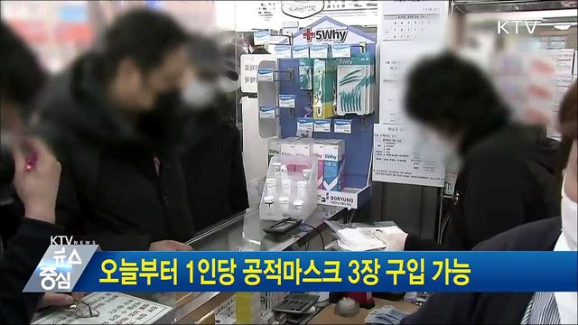 오늘부터 1인당 공적마스크 3장 구입 가능