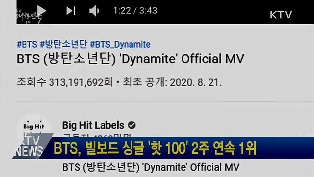 BTS, 빌보드 싱글 '핫 100' 2주 연속 1위