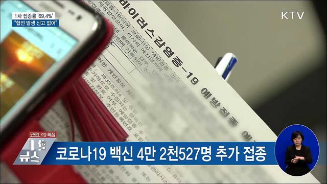 1차 접종률 '69.4%'···"혈전 발생 신고 없어"