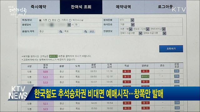 한국철도 추석승차권 예매시작···창쪽만 발매