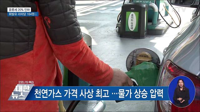 유류세 20% 한시 인하···휘발유 리터당 164원↓