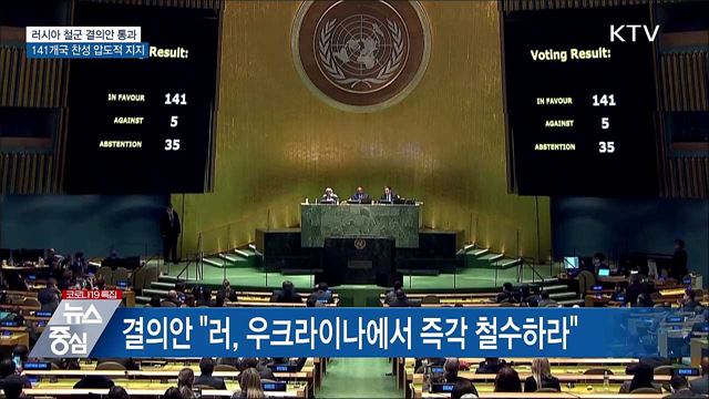 유엔총회서 러시아 철군 결의안 통과···"압도적 지지"