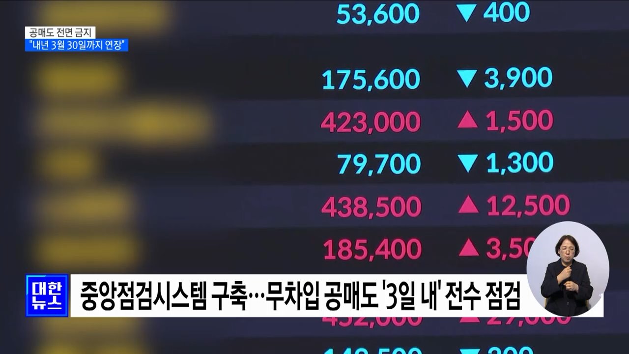 금융위원회 "공매도 전면 금지 내년 3월 30일까지 연장"