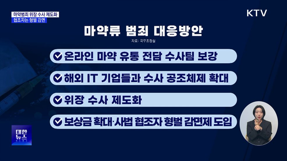 마약범죄 위장 수사 제도화···협조자는 형벌 감면