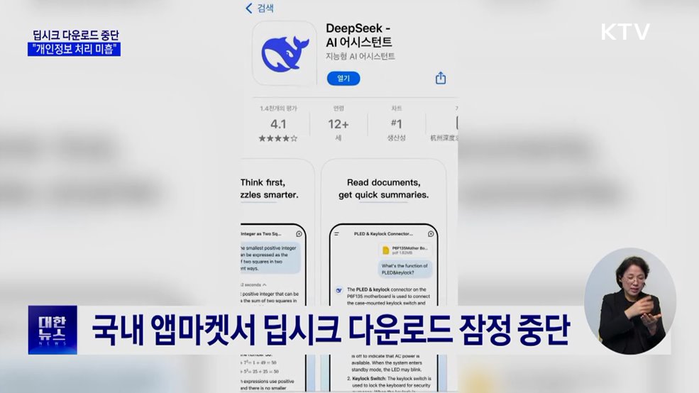 딥시크 신규 앱 다운로드 중단···"개인정보 처리 미흡"