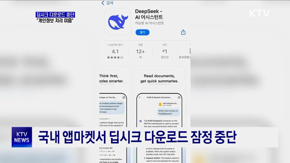 딥시크 신규 앱 다운로드 중단···"개인정보 처리 미흡"