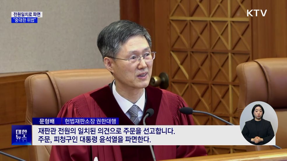 헌재 전원일치로 파면···"국민 신임 배반, 중대한 위법"