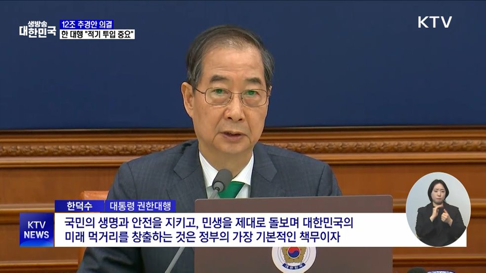 12조 추경안 의결···한 대행 "적기 투입 중요"