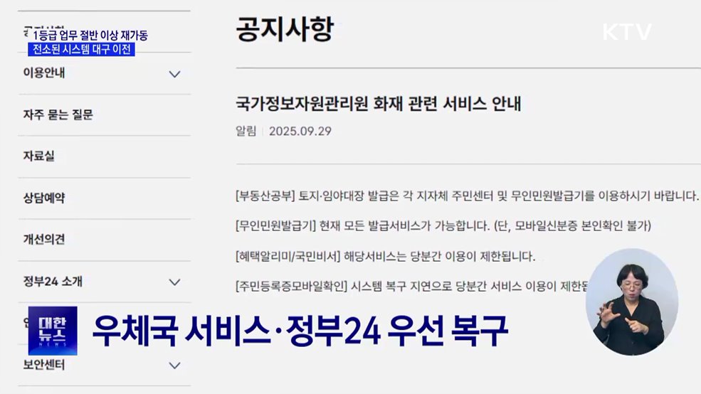 1등급 업무 절반 이상 재가동···전소된 시스템 대구 이전