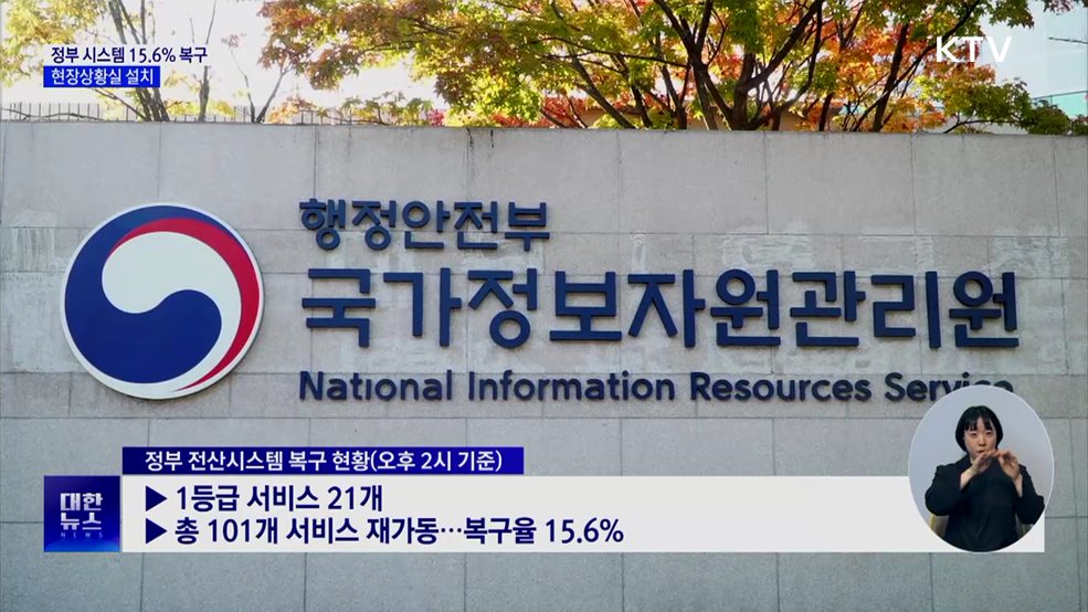 정부 시스템 복구율 15.6%···현장상황실 설치