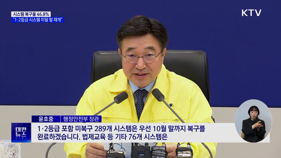 시스템 복구율 46.8%···"1·2등급 시스템 이달 말 재개"