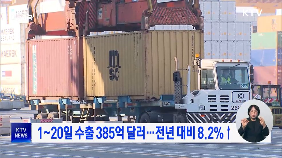 1~20일 수출 385억 달러···전년 대비 8.2%↑