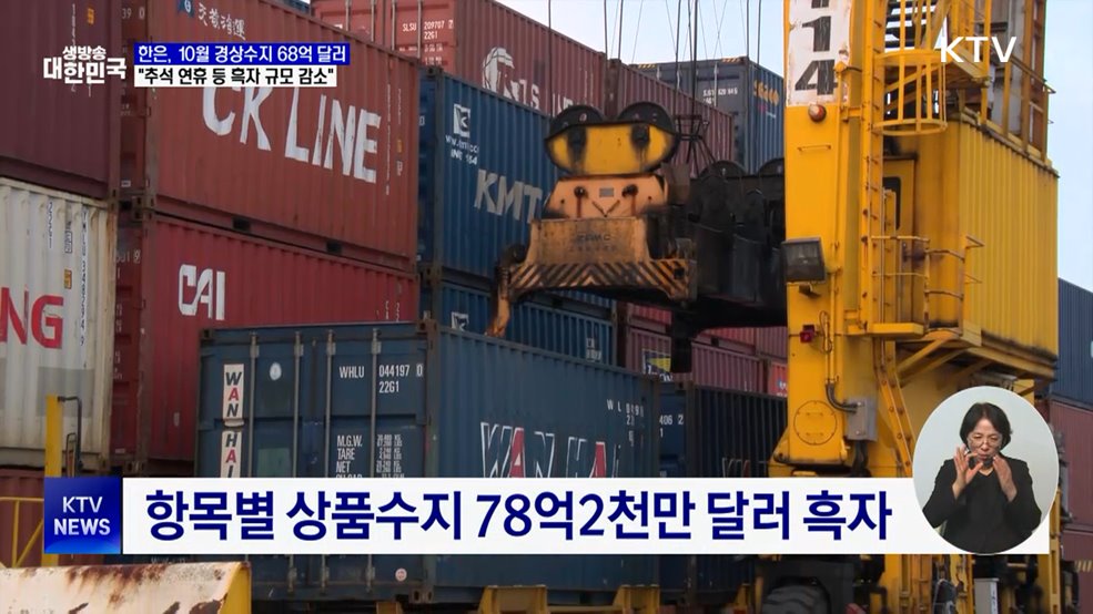 10월 경상수지 68억 달러 흑자···연간 누적 최대