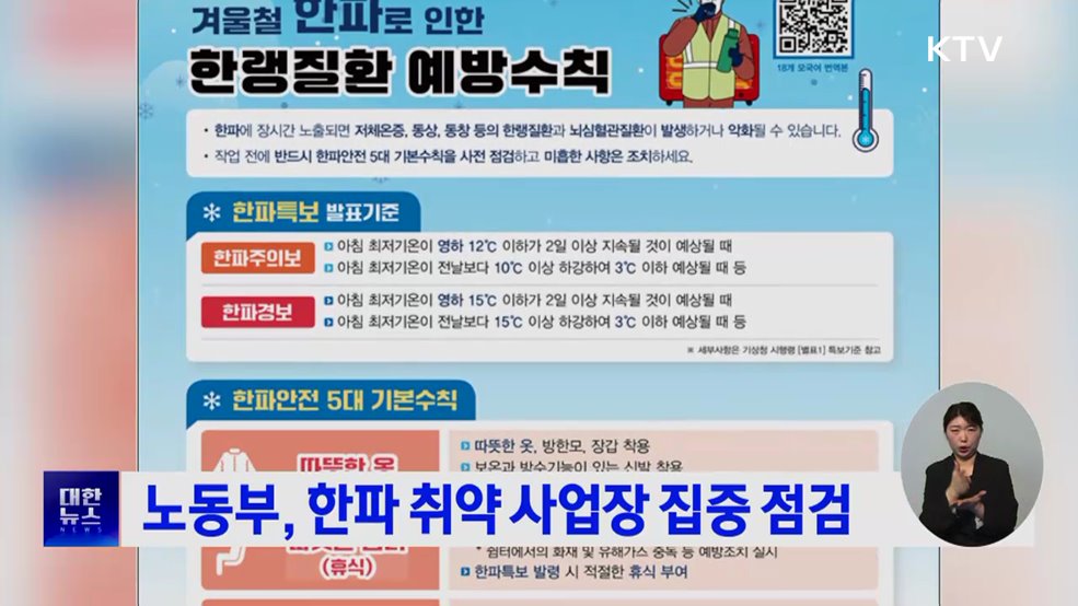 노동부, 한파 취약 사업장 집중 점검